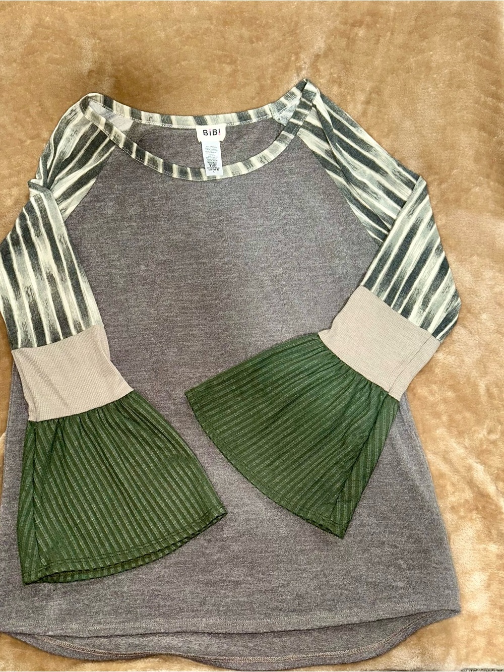 BiBi Gray Knit Raglan Top with Striped Green Bell Sleeves